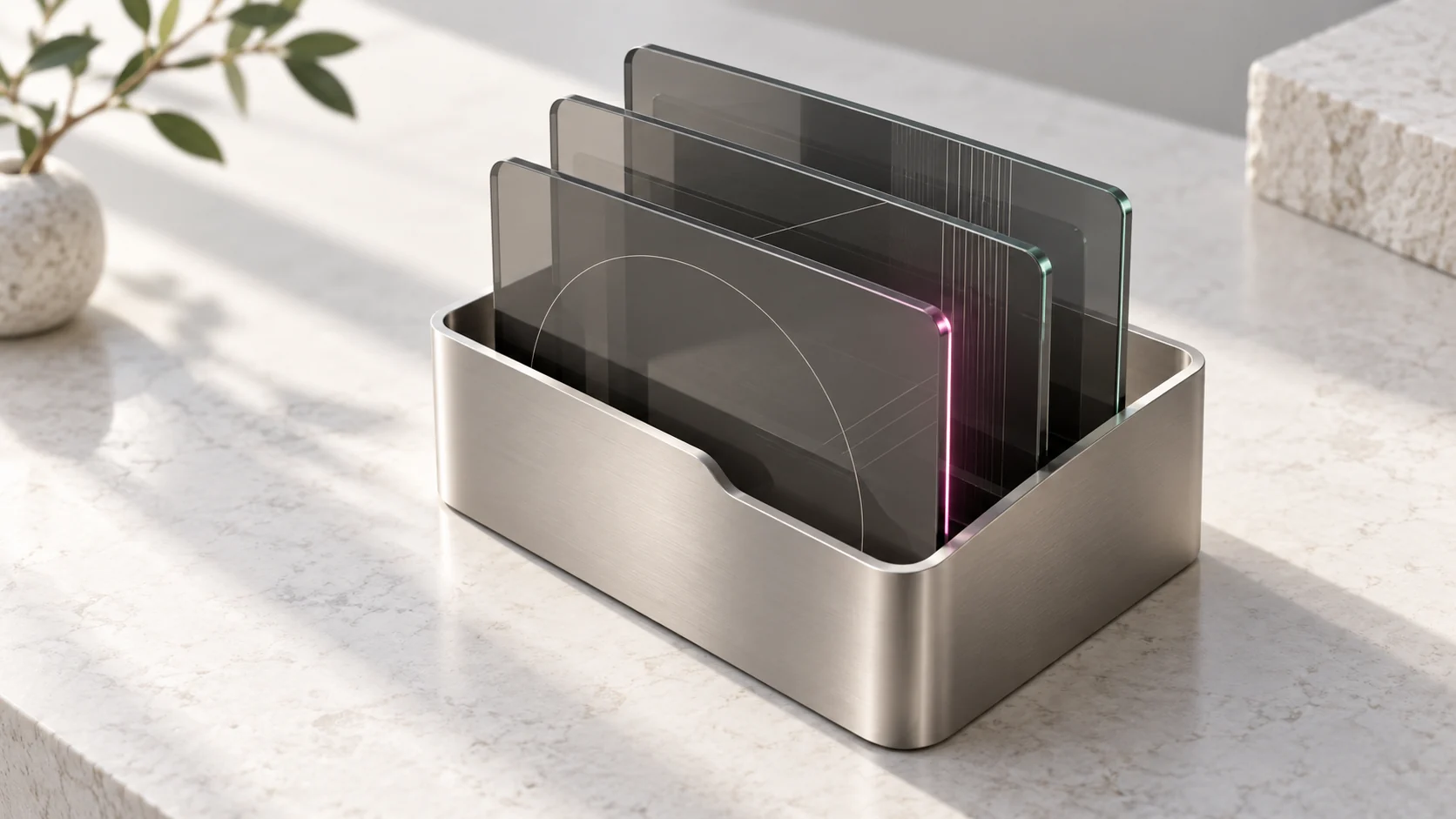 A titanium case holding glass panels: a metaphor for data care.