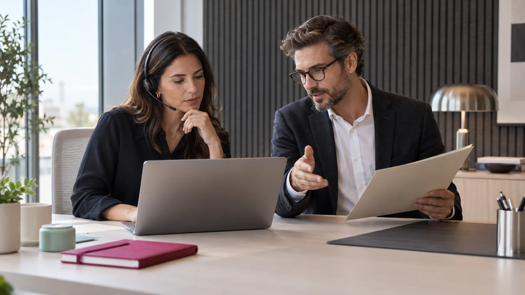 Two colleagues coordinate a work conversation across phone, computer and documents.