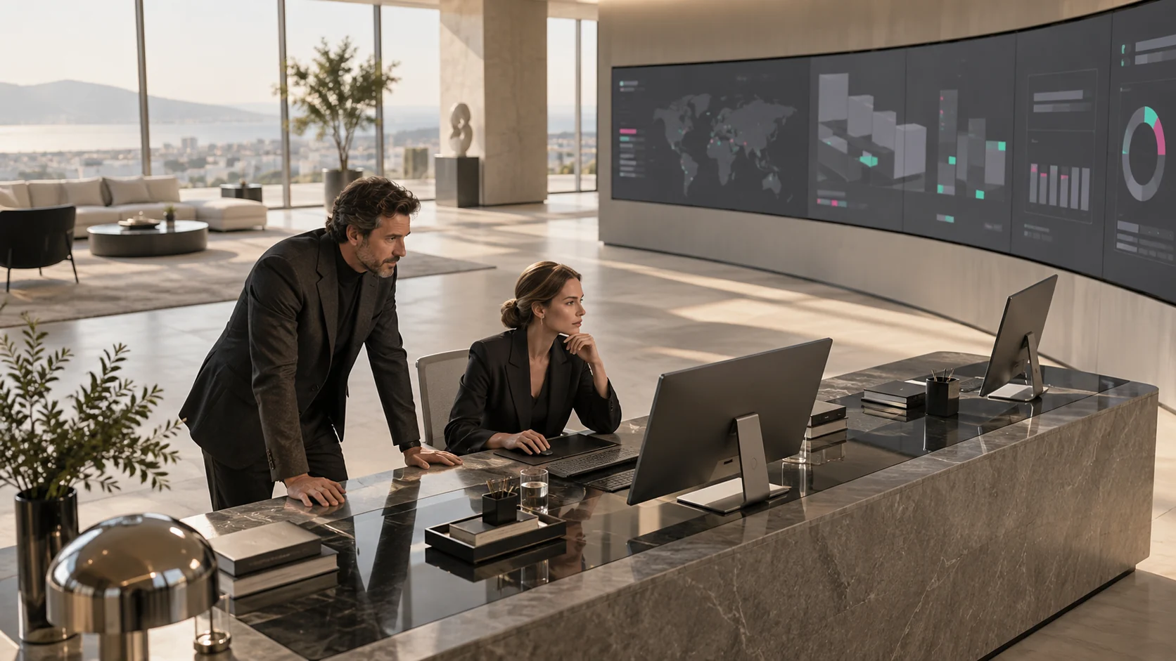 Illustrative scene of work and shared information.