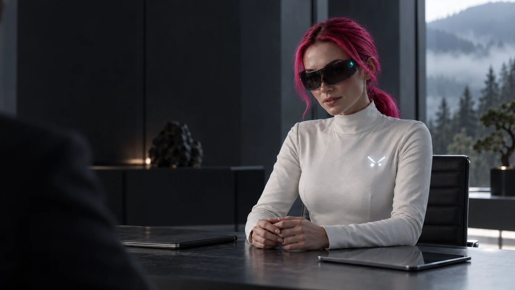 A white digital figure emerges in a dark, minimal, intimate scene, representing the work assistant.
